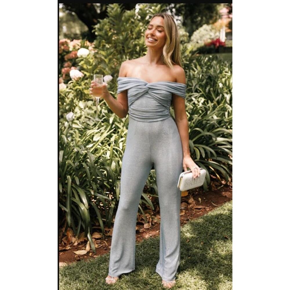 New NWT Petal & Pup Blue Sparkle Wide Leg Jumpsuit Medium Off The Shoulder